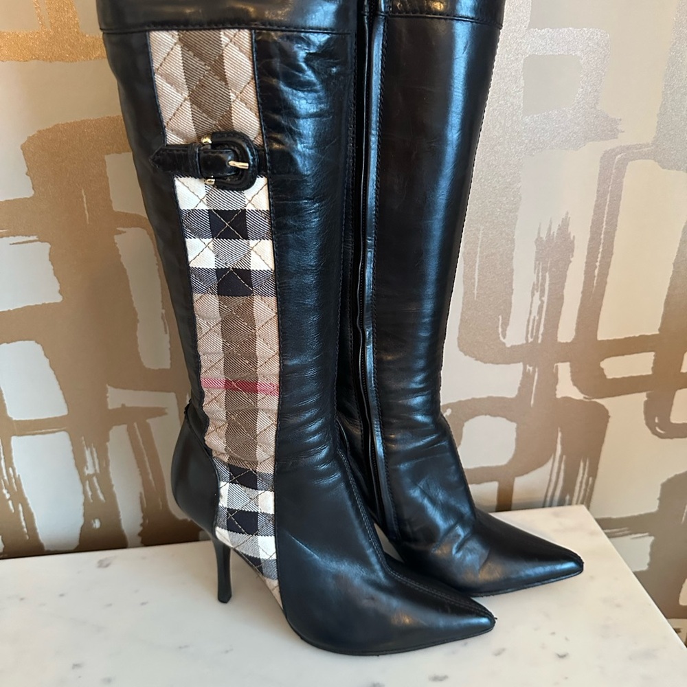 Burberry Black and Brown Plaid Heeled Boots